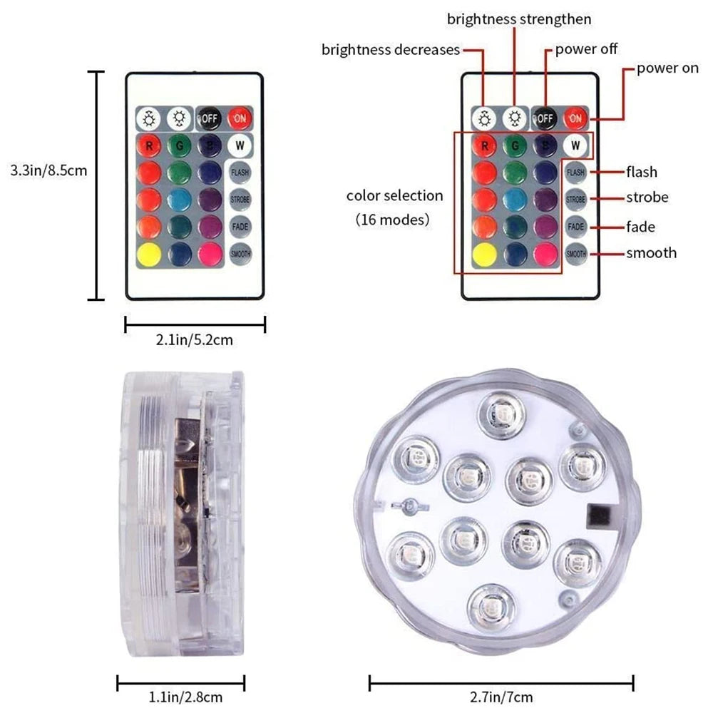 Remote Controlled Submersible Lights with RGB Battery