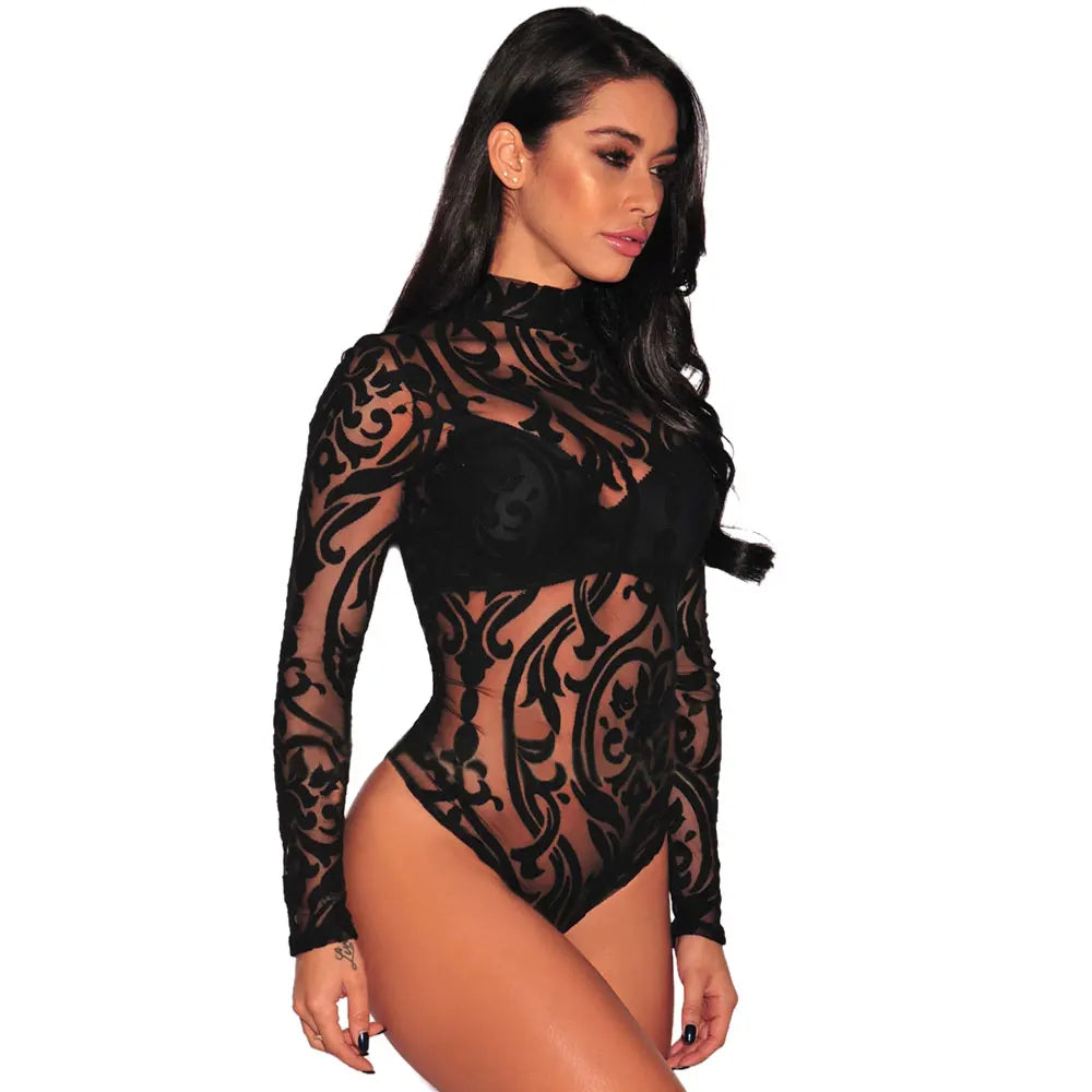 Turtleneck Sexy Transparent Mesh Bodysuit