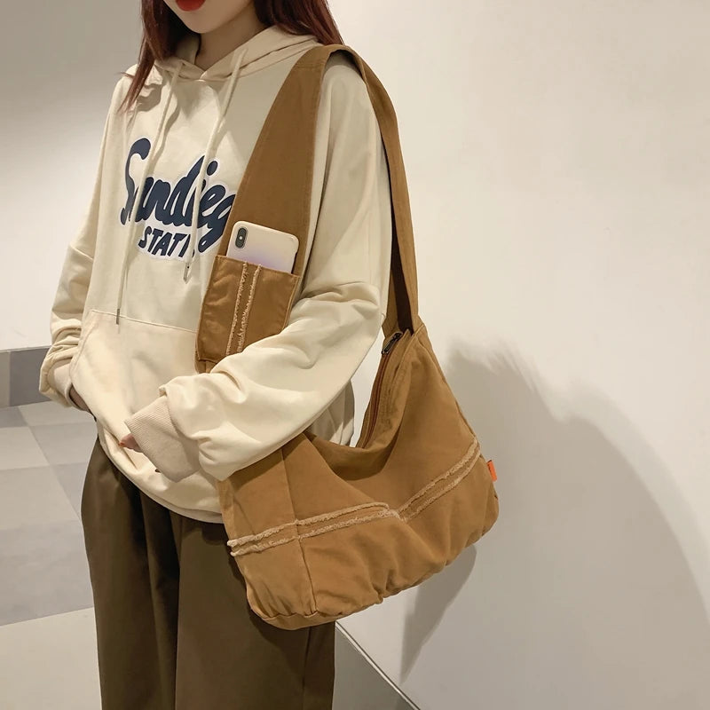 Solid Color Large Capacity Canvas Crossbody bag