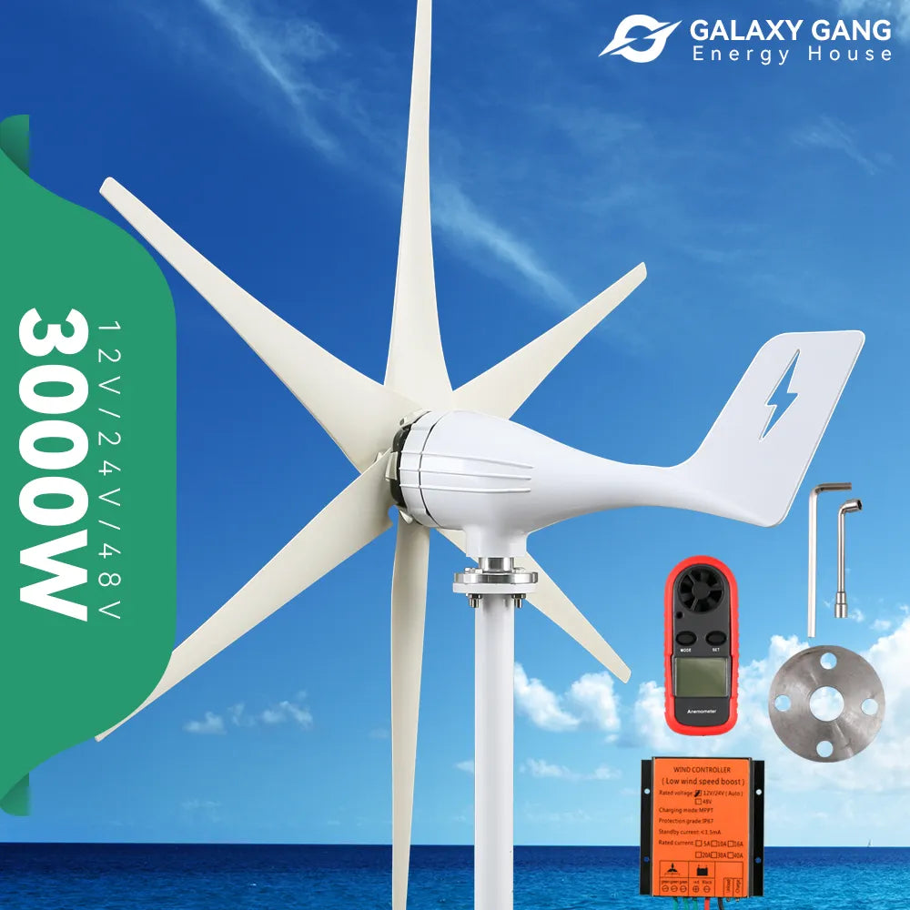 3000w 48v 24v 12v Small Wind Turbine with 6 Blades and MPPT/Charge Controller