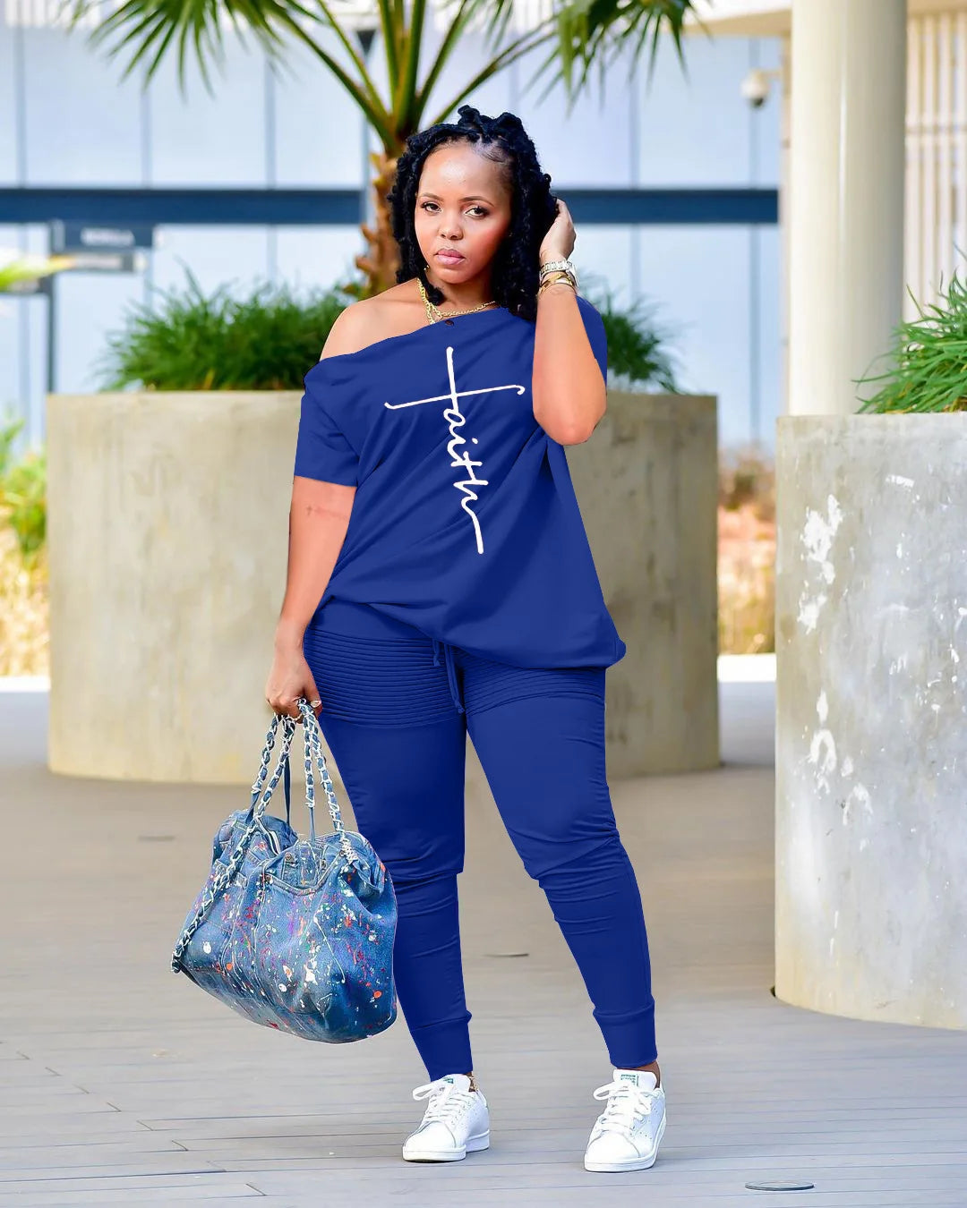 2pcs Set Faith Letter T-shirt and Leggings Pants