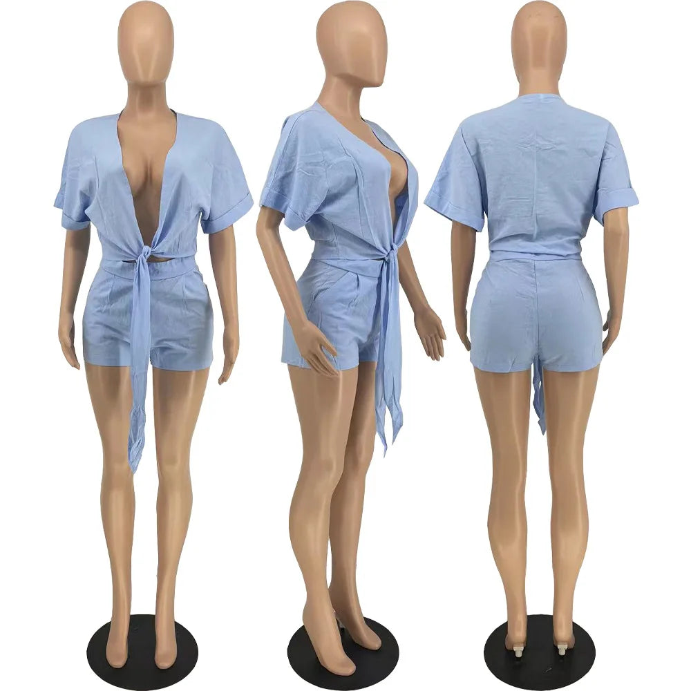 2pcs Set Tie Up V-neck Shirts and Shorts Set
