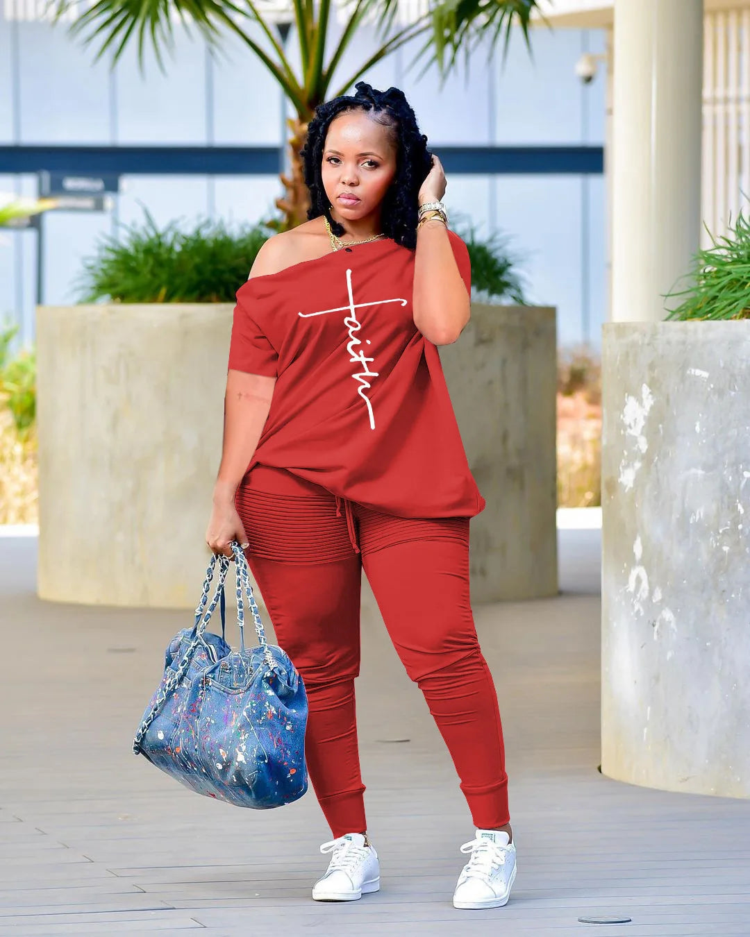 2pcs Set Faith Letter T-shirt and Leggings Pants