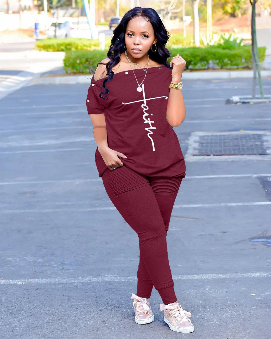 2pcs Set Faith Letter T-shirt and Leggings Pants