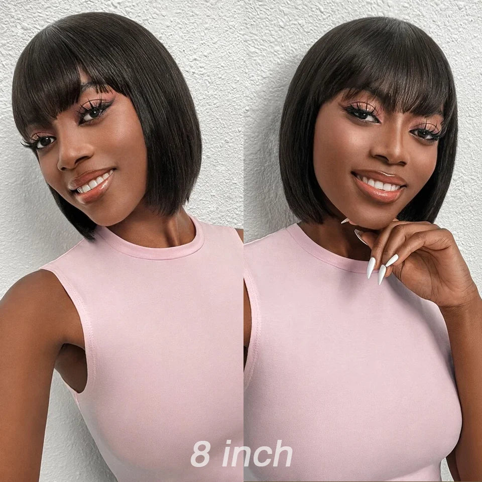 Non-lace, glue-less short straight hair wigs with bangs