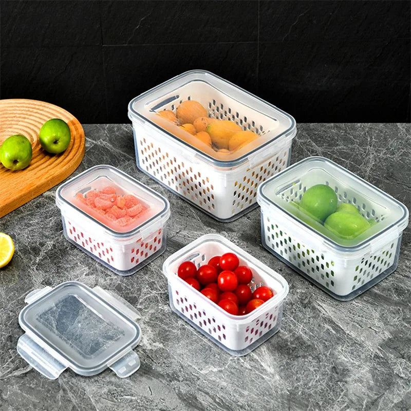 Refrigerator Preservation Box Transparent Double-layer Large Capacity Sealed Box Vegetable and Fruit Food Grade Drain Box