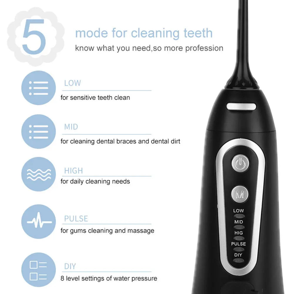 5 Modes of Portable Rechargeable Oral Irrigator with 6 Nozzles for Teeth Whitening