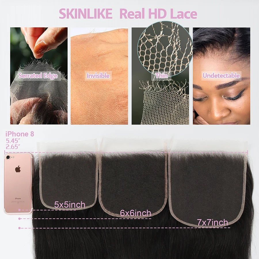 7x7/6x6/5x5 HD Human Hair Lace Closure only