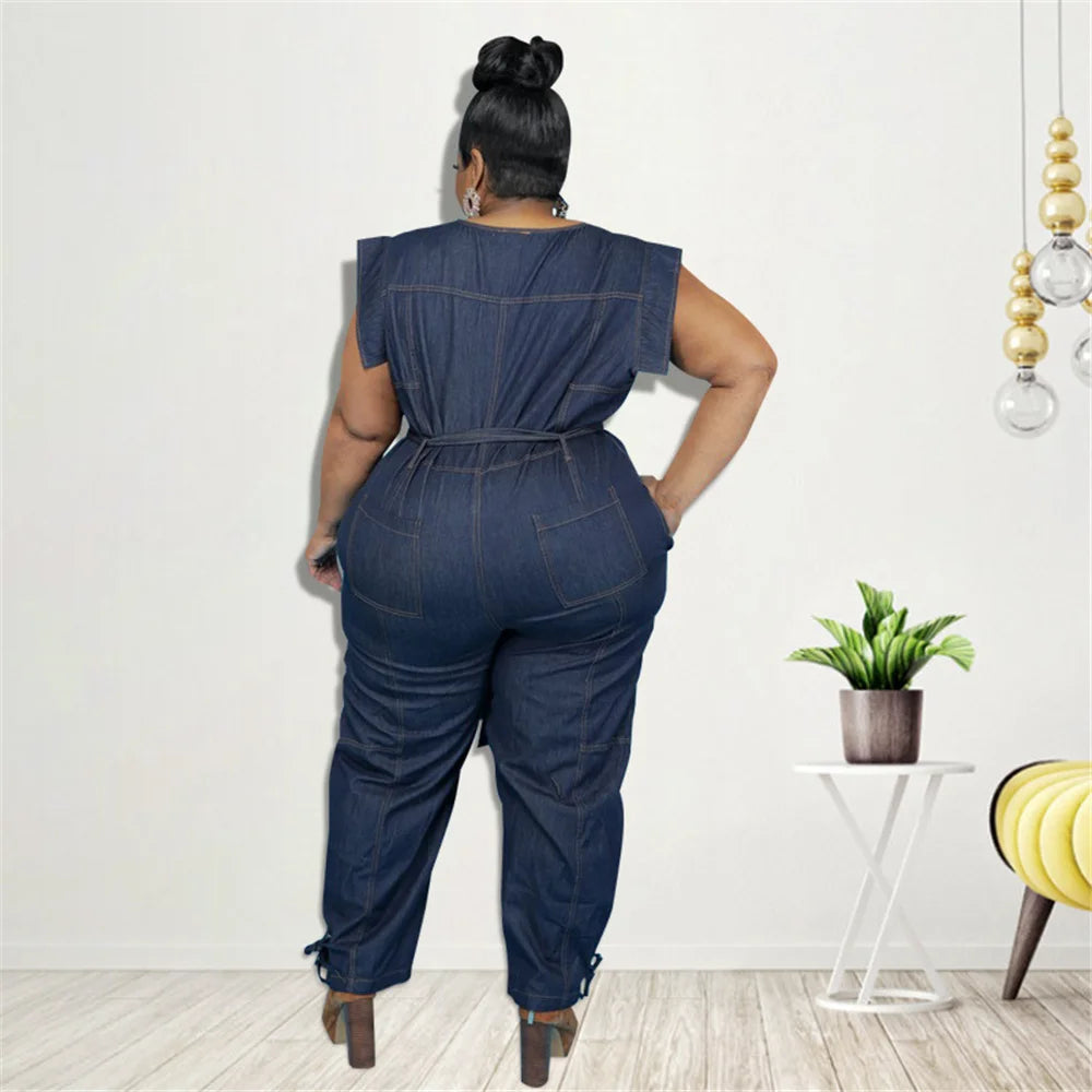 Denim Round Neck Lace Up Sleeveless Jumpsuit Plus Size