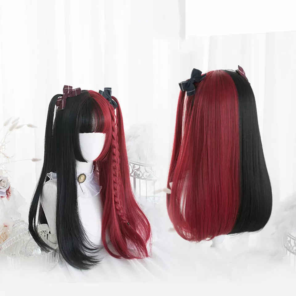 Long Straight Synthetic Red Black Wigs For Women Wig With Bangs