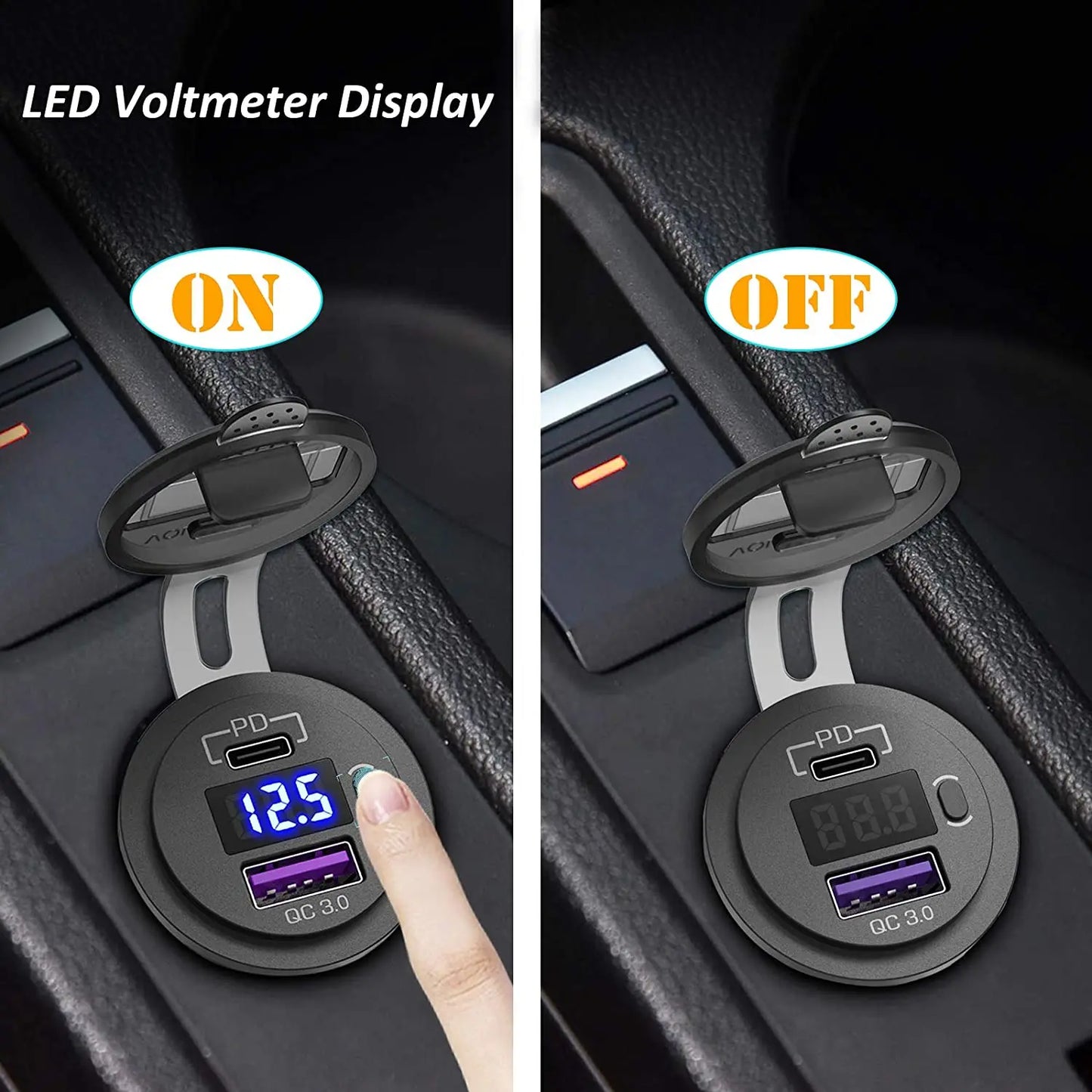 48W USB Type C Car USB Charger Socket with LED Voltmeter