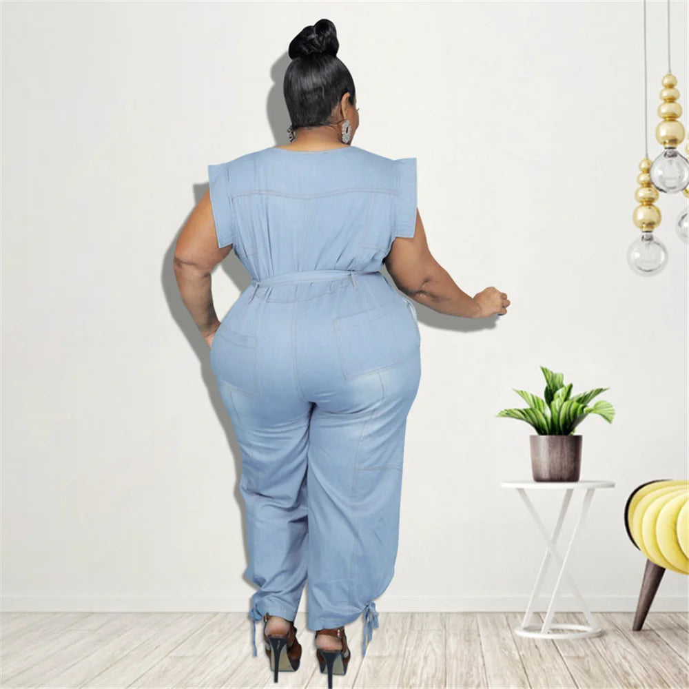 Denim Round Neck Lace Up Sleeveless Jumpsuit Plus Size