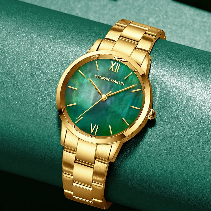 2021 New Style Gold Stainless Steel Green Stone Dial Japan Quartz Shell Pearl oyster Brand Women's Waterproof Lady Retro Watches