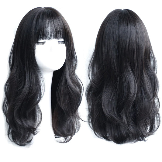 long curly synthetic wig with center bangs