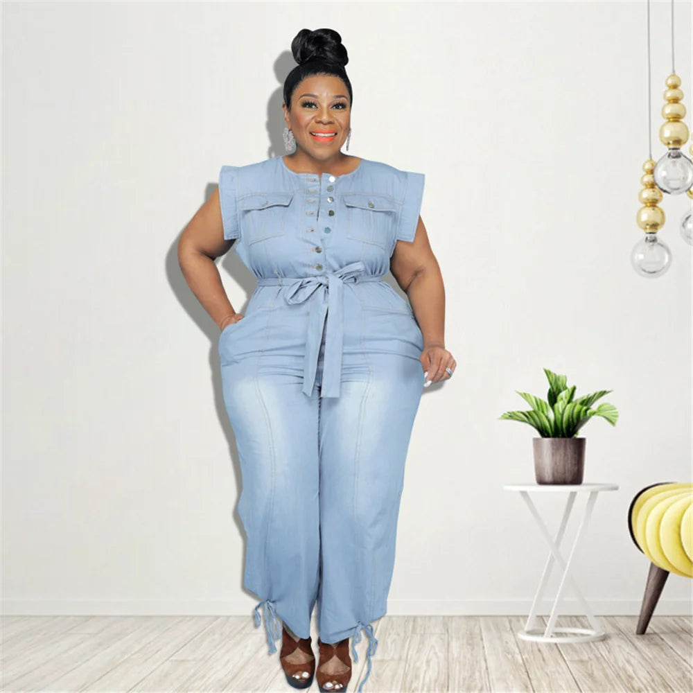 Denim Round Neck Lace Up Sleeveless Jumpsuit Plus Size