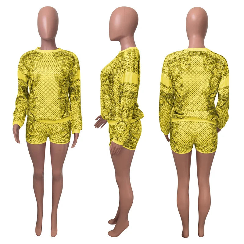 2 Pcs Set Printed Round Neck Long Sleeve Top and Sports Shorts