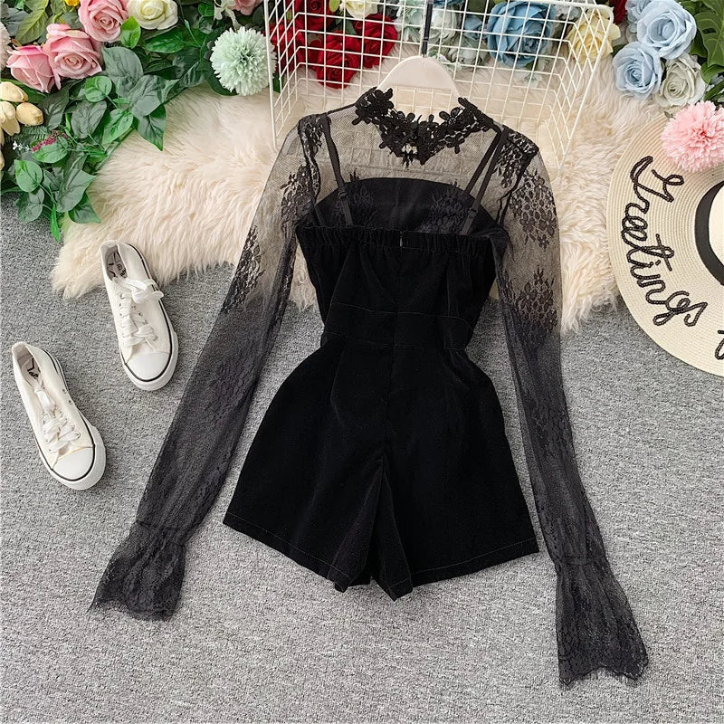 Two Set Long Sleeve Lace Embroidery Shirt