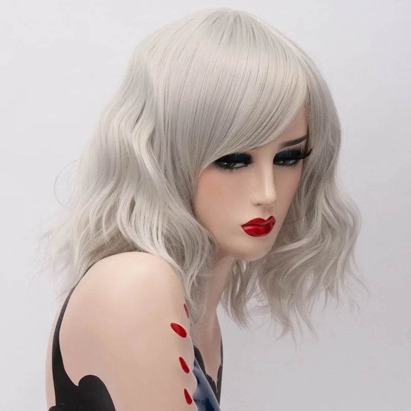 32 colors grey, white, short, natural wavy wig with side bangs