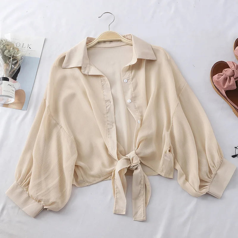 Chiffon Tied Waist Elegant Blouses