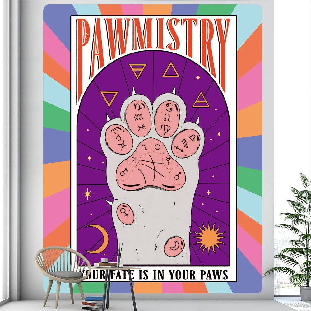 Tarot card cat paw psychedelic tapestry