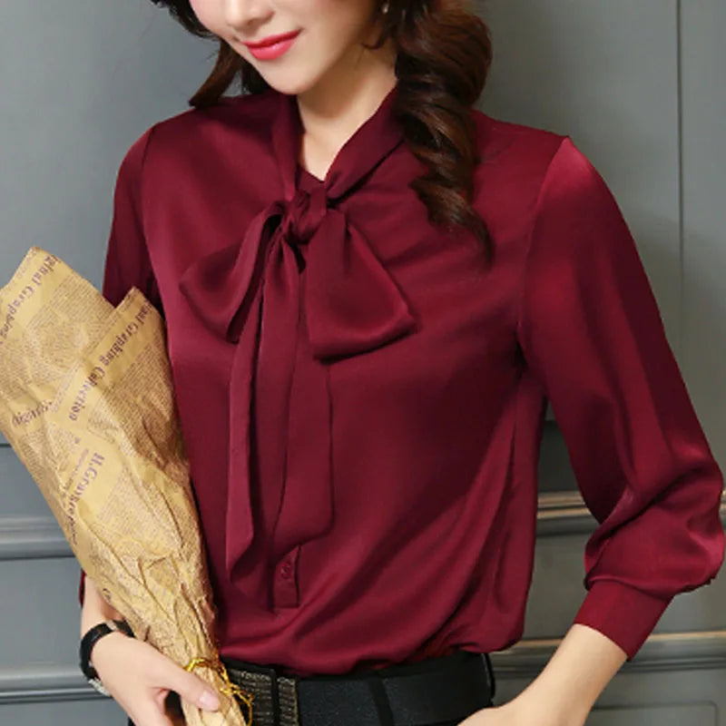 Chiffon V-Neck Blouse with Bow Lantern Sleeve