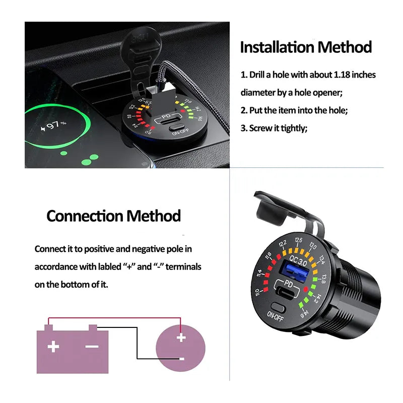 Dual USB Charger Socket with Voltmeter Switch