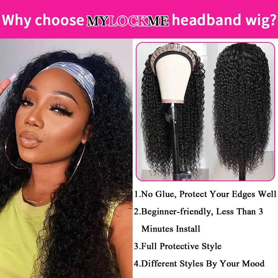 Full Machine-Made Kinky Headband Wig of Human Hair with 180% Density