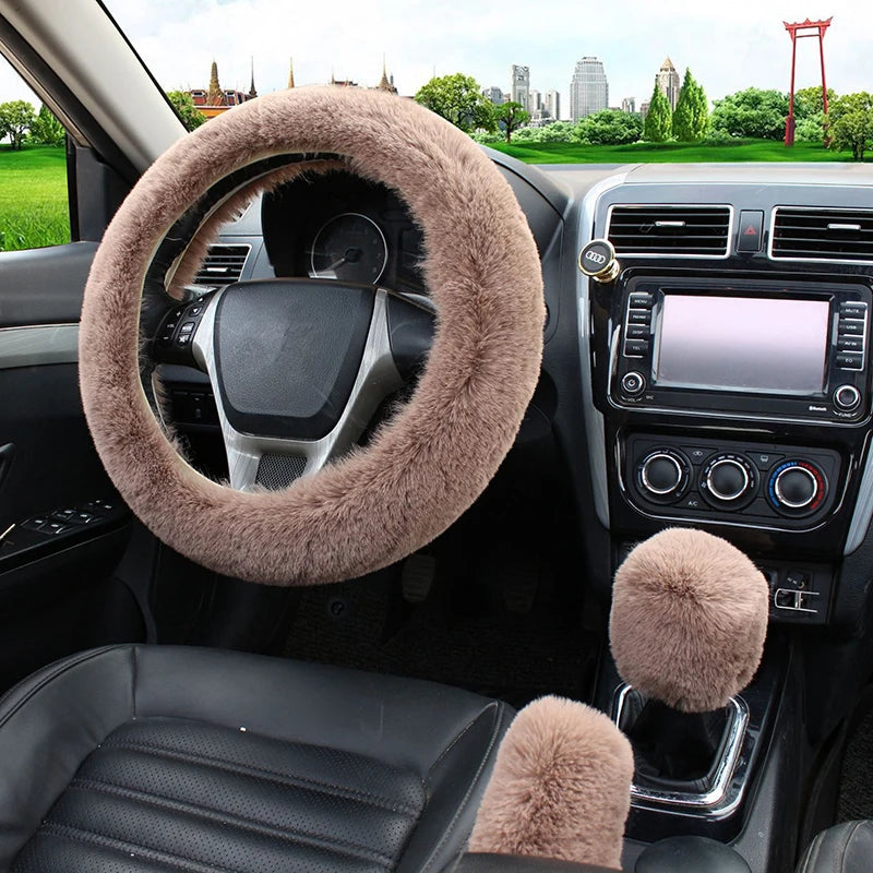 Three-piece Set  Artificial Rabbit Fur Car Steering Wheel Cover