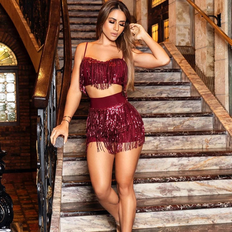 Two Piece Set Sequin Fringe Skirt Crop Top set