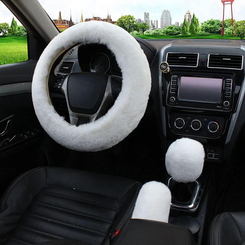 Three-piece Set  Artificial Rabbit Fur Car Steering Wheel Cover