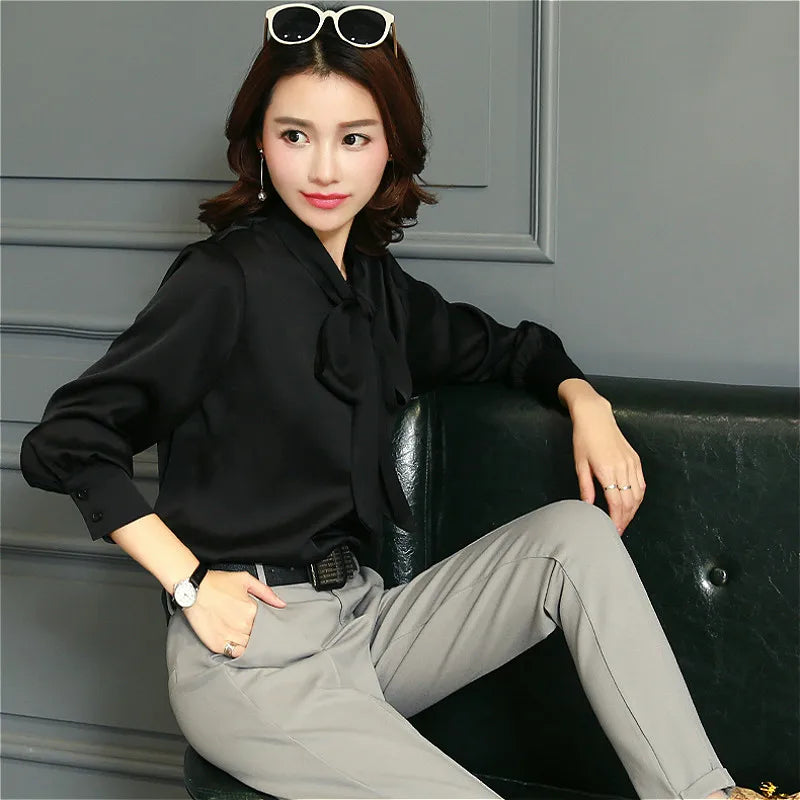 Chiffon V-Neck Blouse with Bow Lantern Sleeve