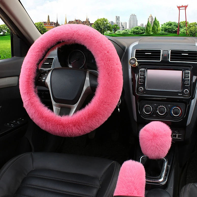 Three-piece Set  Artificial Rabbit Fur Car Steering Wheel Cover