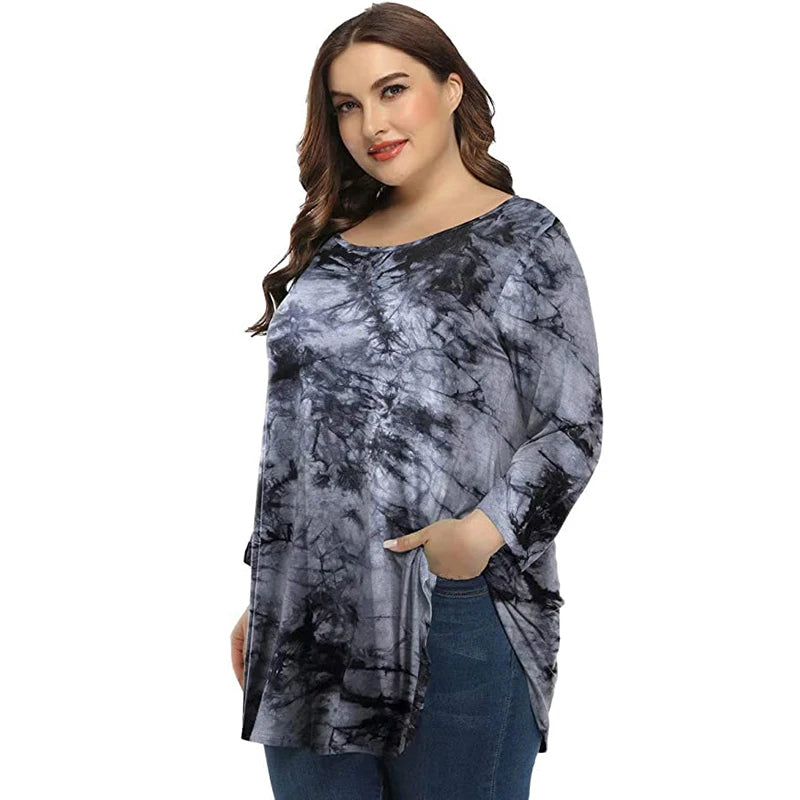 Tie Dye Plus Size O Neck Long Sleeve Blouse