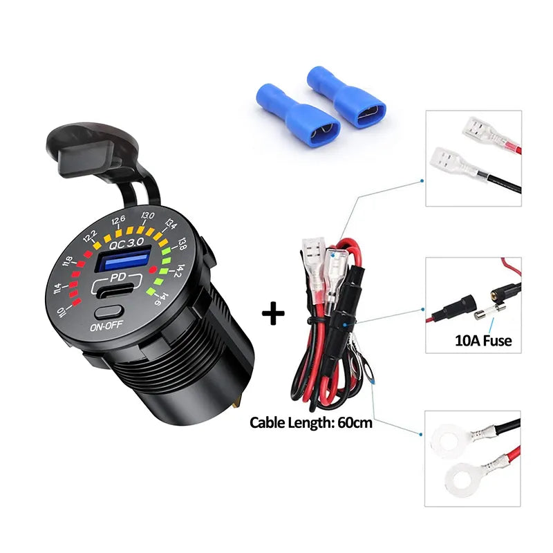 Dual USB Charger Socket with Voltmeter Switch