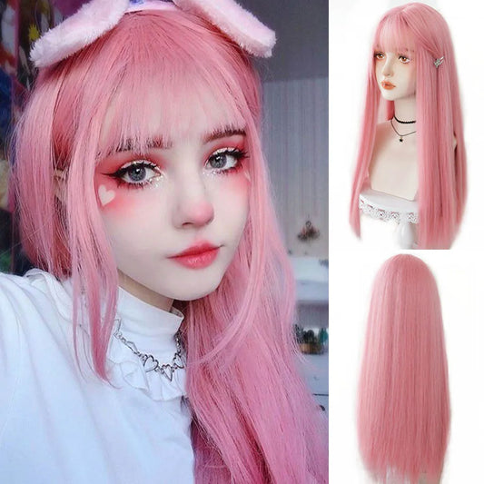 Long straight hair synthetic wig pink with bangs