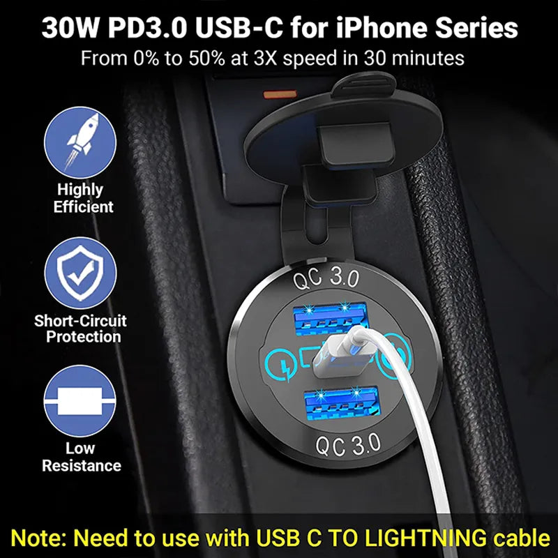 12V/24V 60W USB-C Triple Aluminum Metal Charger Socket