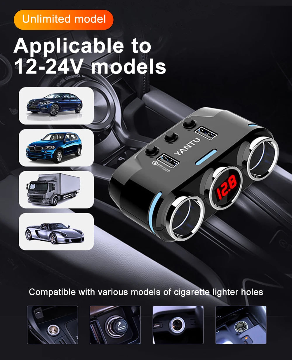 12V-24V Car Cigarette Lighter Socket, Splitter Plug and USB Charger Plug