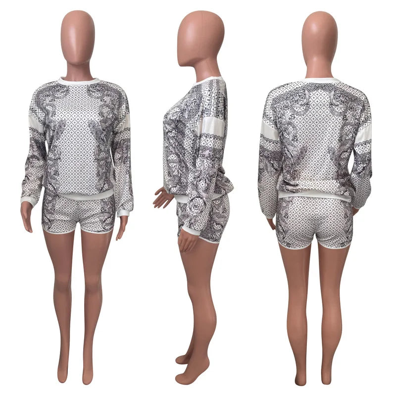 2 Pcs Set Printed Round Neck Long Sleeve Top and Sports Shorts