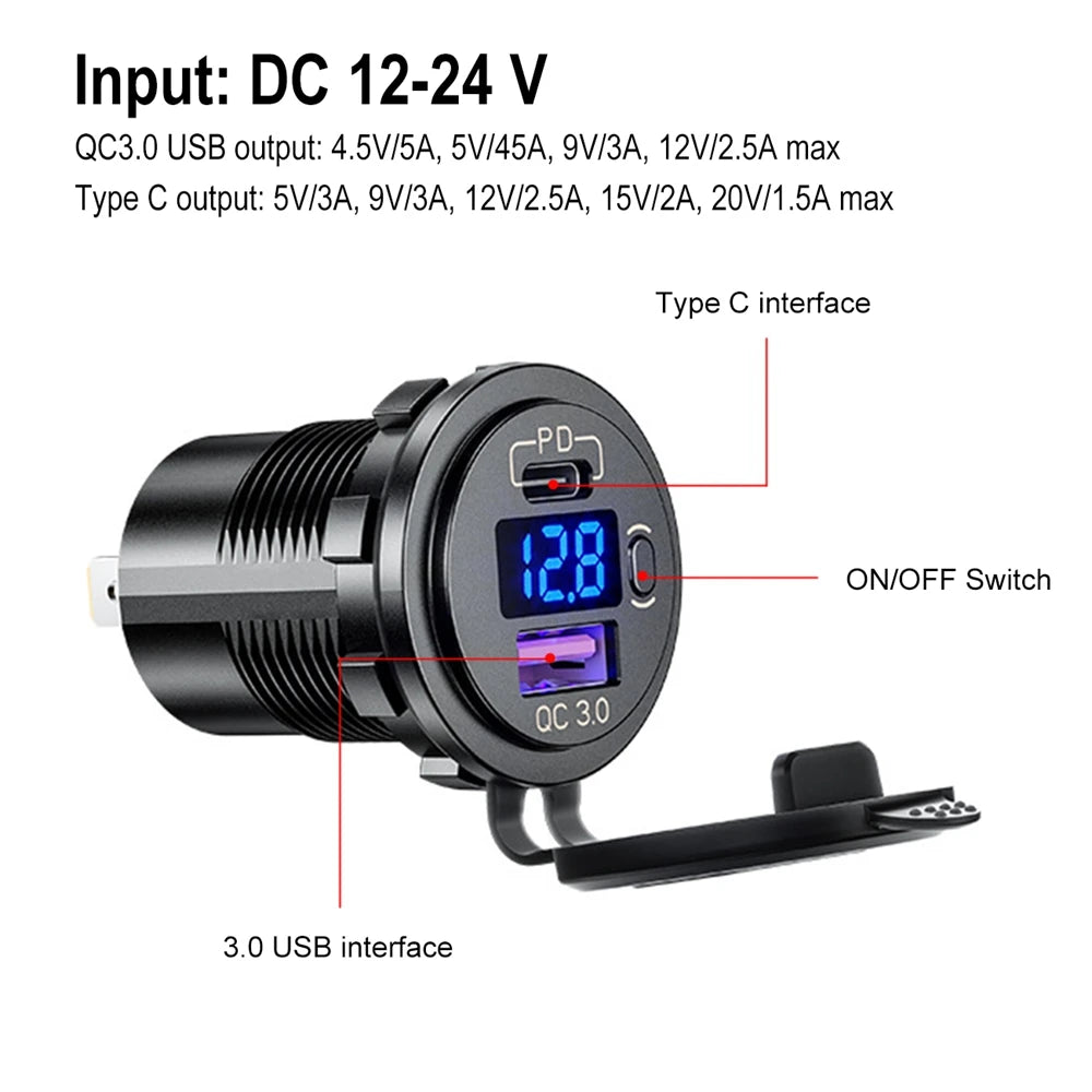 48W USB Type C Car USB Charger Socket with LED Voltmeter