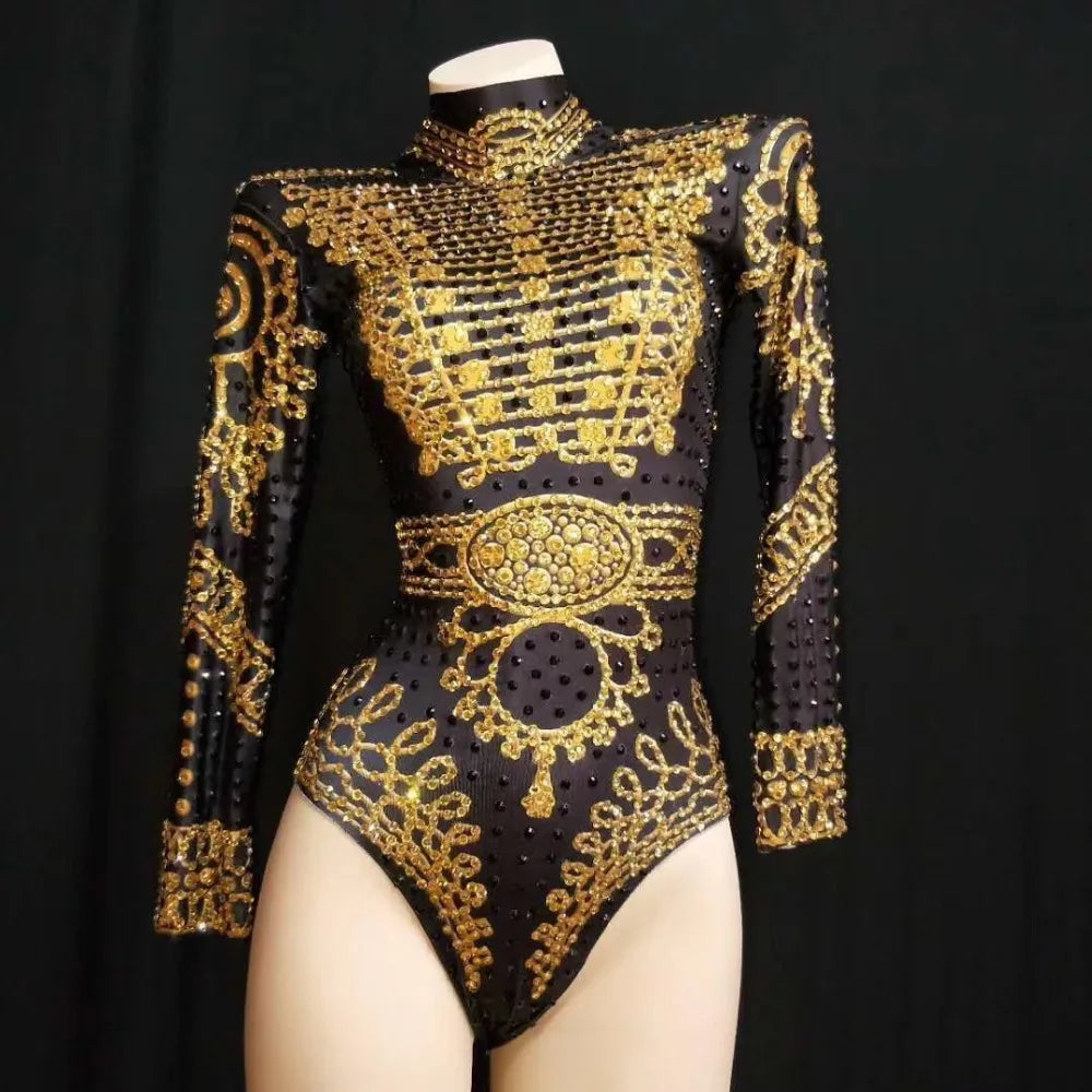 Sexy Black Gold  Long Sleeve Rhinestones Bodysuit