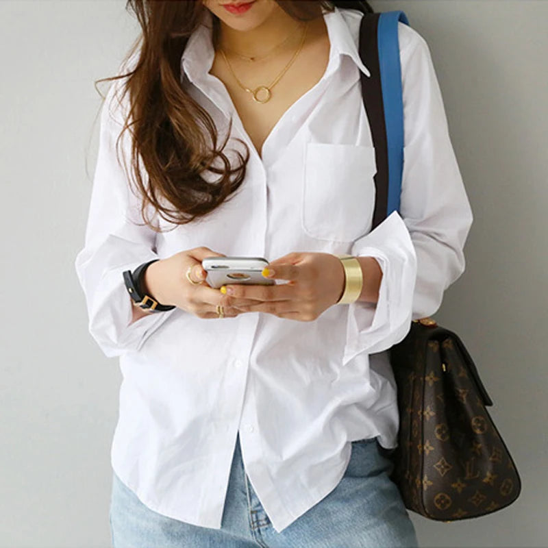 S-3XL Turn-down Collar White Blouse