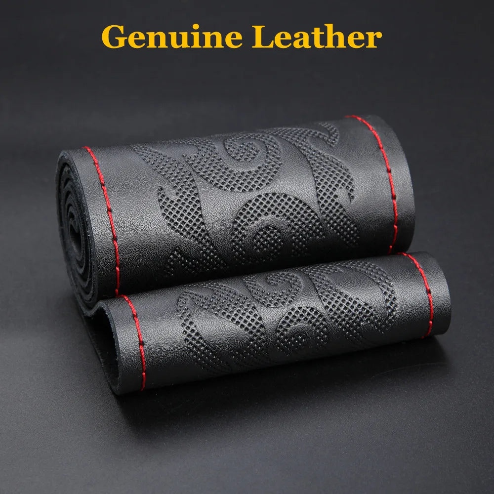 Genuine Leather Car Steering Wheel Cover With Needles Thread Braid