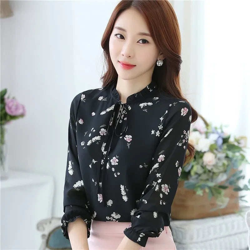 Chiffon Floral Long Sleeve Tops And Blouses