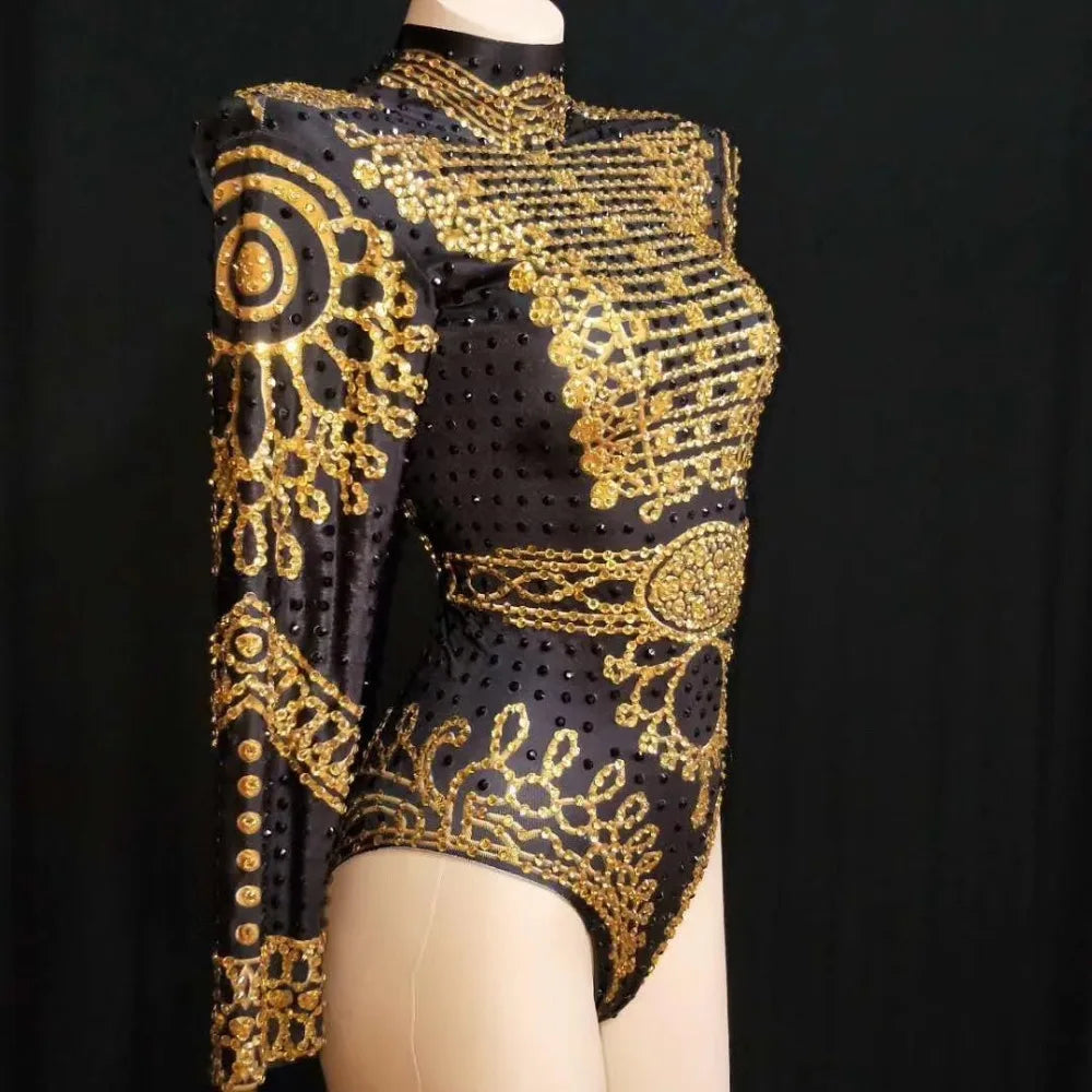 Sexy Black Gold  Long Sleeve Rhinestones Bodysuit