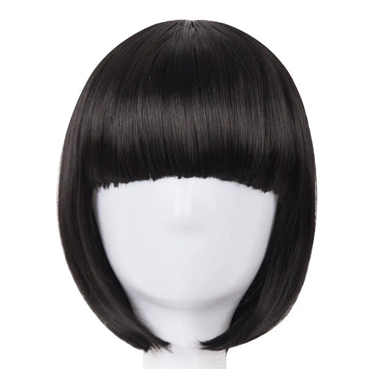 Short Synthetic Heat Resistant Fiber Black Bob Wig With Flat Bangs