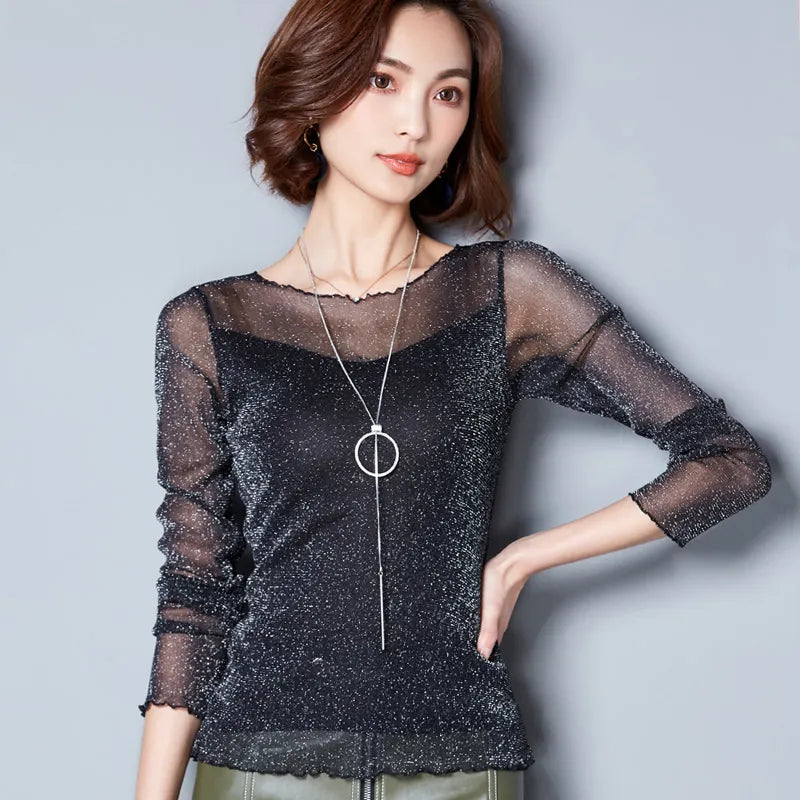 Elegant O-Neck Long Sleeve Glitter Mesh Blouse