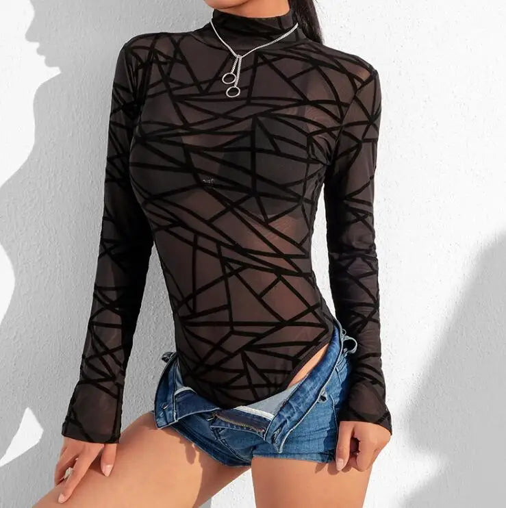 Sexy Black Geometric Print Mesh Bodysuit