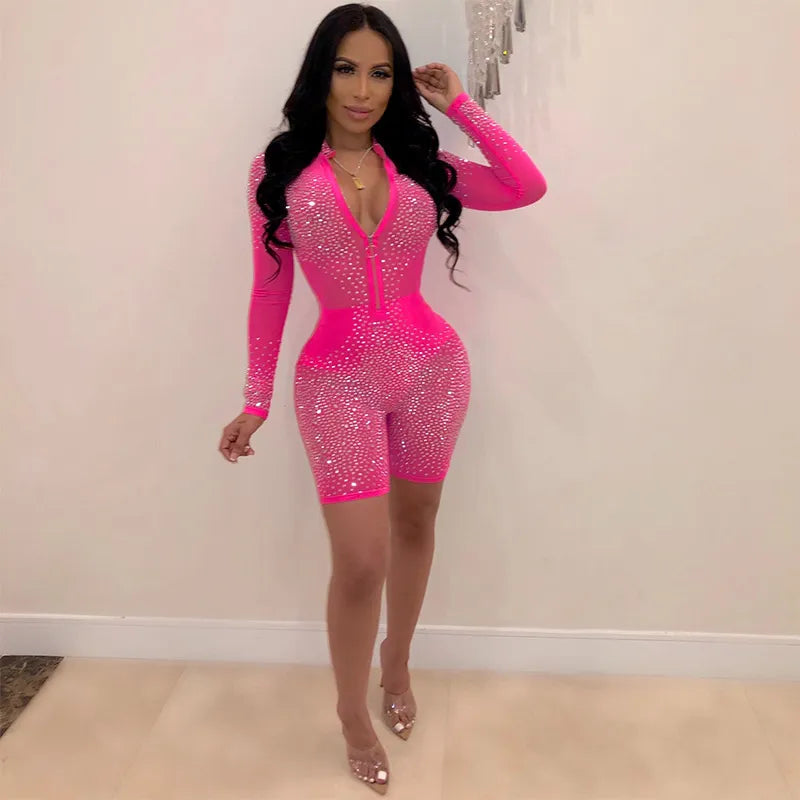 Neon Pink Mesh Glitter Long Sleeve Jumpsuit