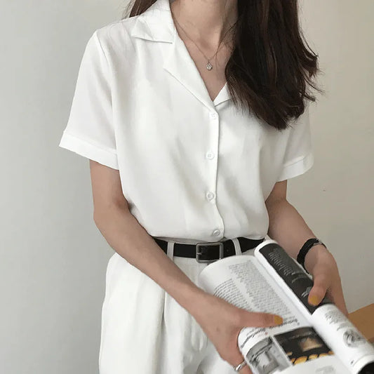 Short Sleeve V Neck Casual Lady White Shirts