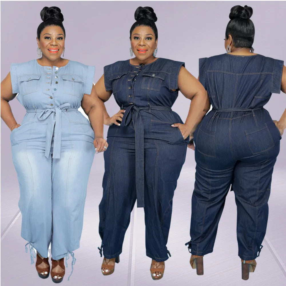 Denim Round Neck Lace Up Sleeveless Jumpsuit Plus Size